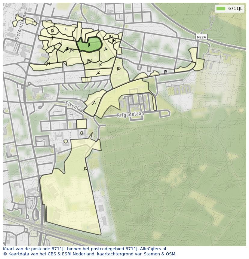 Afbeelding van het postcodegebied 6711 JL op de kaart.