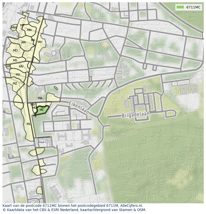 Afbeelding van het postcodegebied 6711 MC op de kaart.