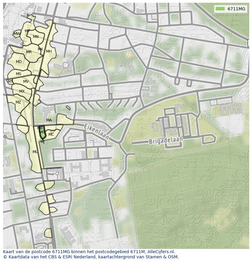 Afbeelding van het postcodegebied 6711 MG op de kaart.