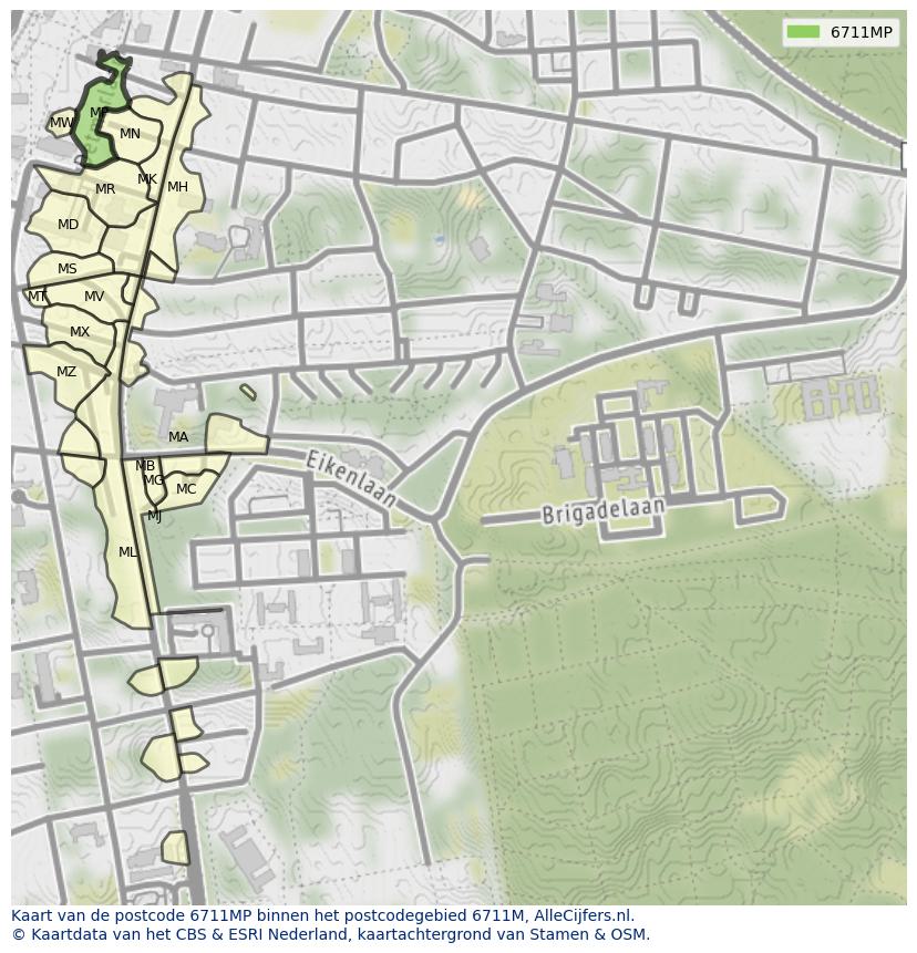 Afbeelding van het postcodegebied 6711 MP op de kaart.