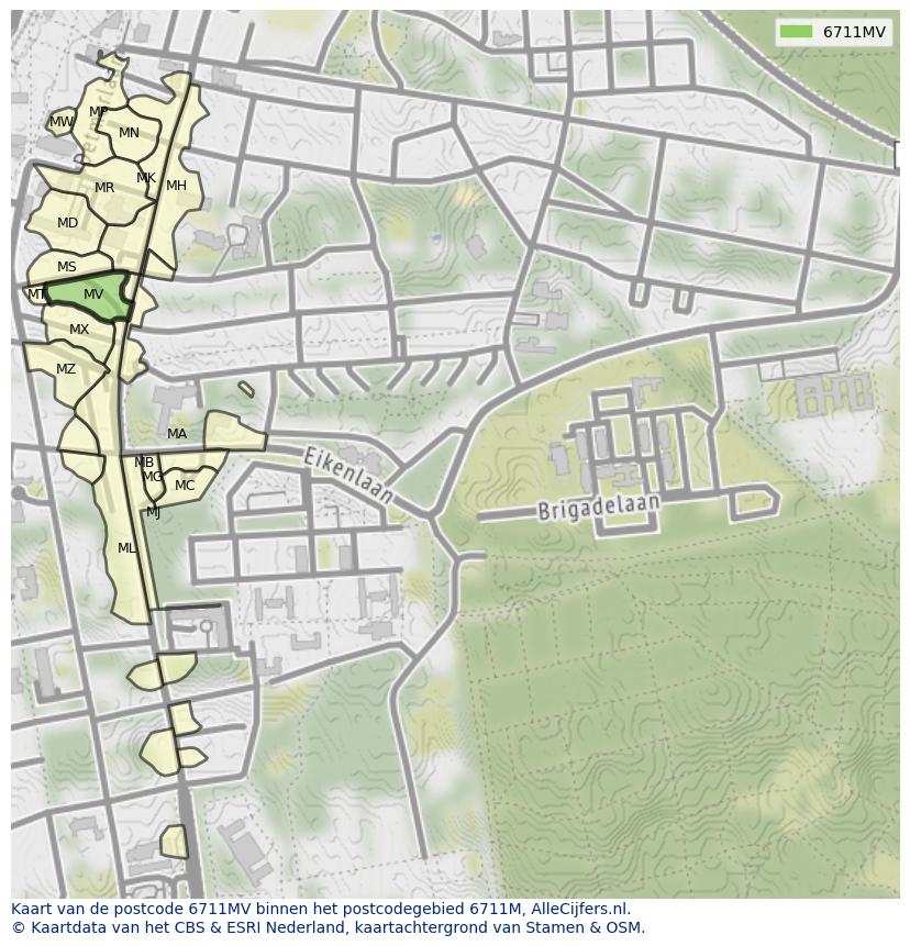 Afbeelding van het postcodegebied 6711 MV op de kaart.