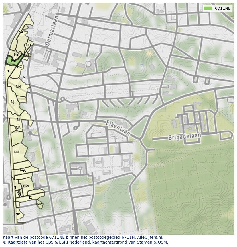 Afbeelding van het postcodegebied 6711 NE op de kaart.