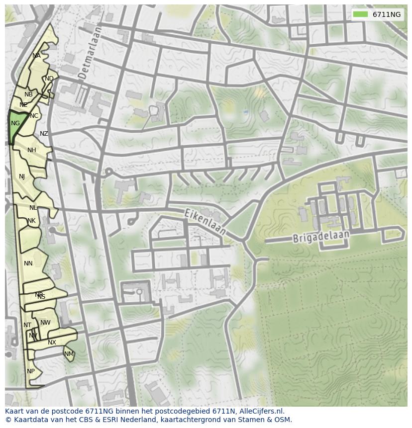 Afbeelding van het postcodegebied 6711 NG op de kaart.