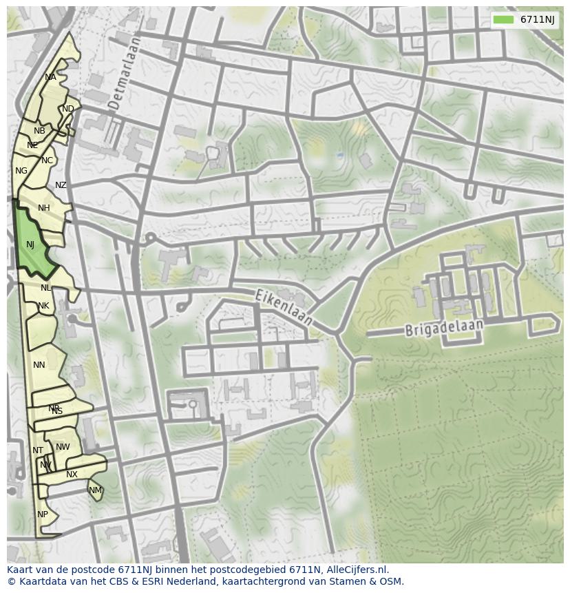 Afbeelding van het postcodegebied 6711 NJ op de kaart.