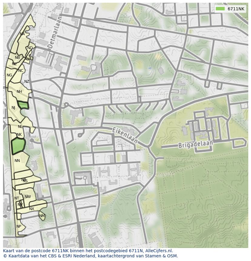 Afbeelding van het postcodegebied 6711 NK op de kaart.