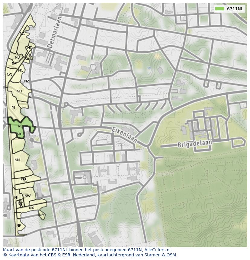 Afbeelding van het postcodegebied 6711 NL op de kaart.