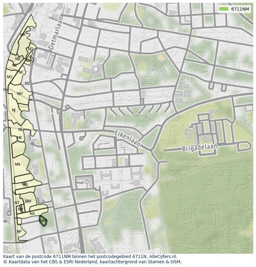 Afbeelding van het postcodegebied 6711 NM op de kaart.