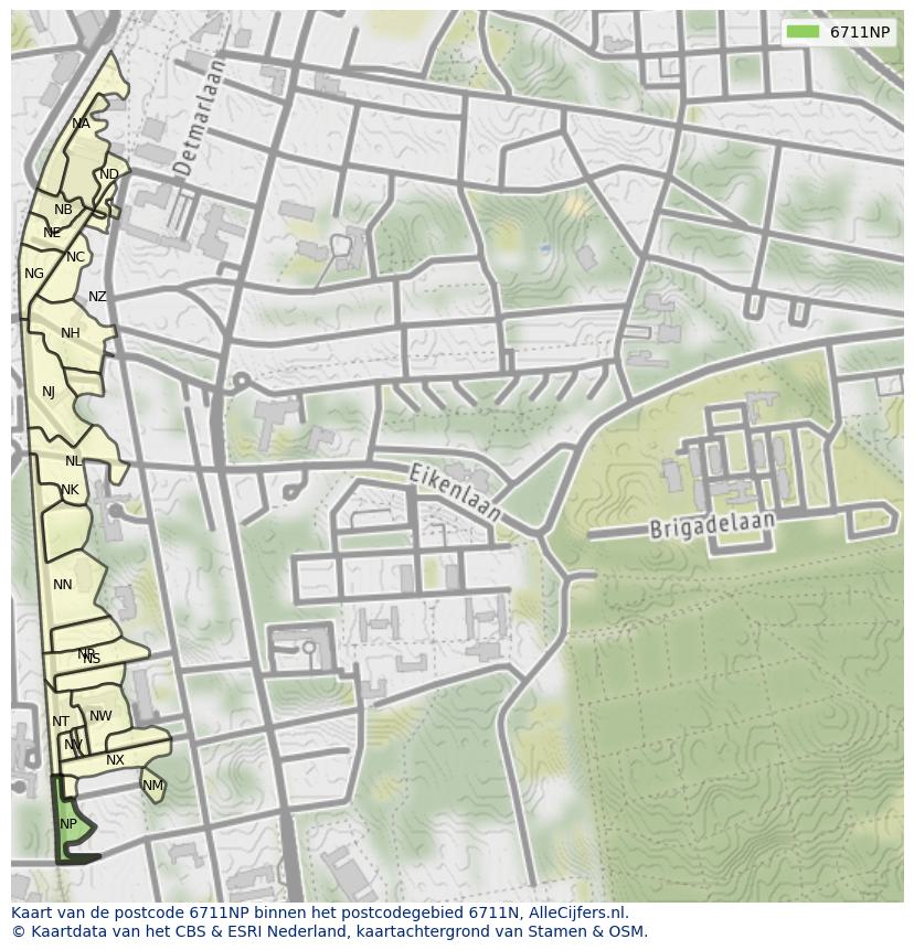 Afbeelding van het postcodegebied 6711 NP op de kaart.