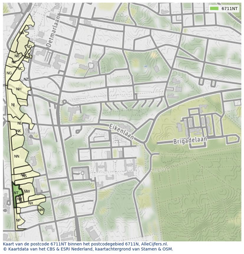 Afbeelding van het postcodegebied 6711 NT op de kaart.