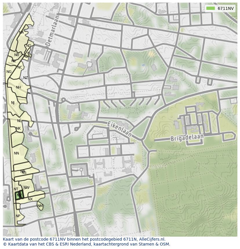 Afbeelding van het postcodegebied 6711 NV op de kaart.
