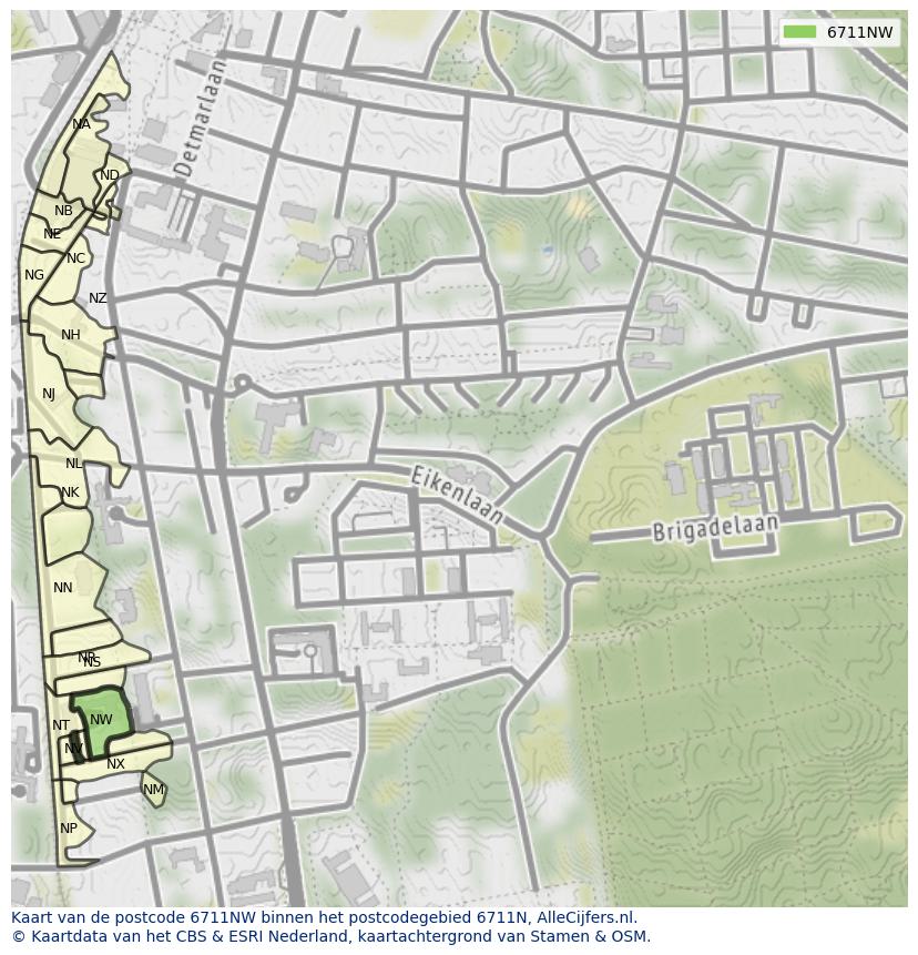 Afbeelding van het postcodegebied 6711 NW op de kaart.
