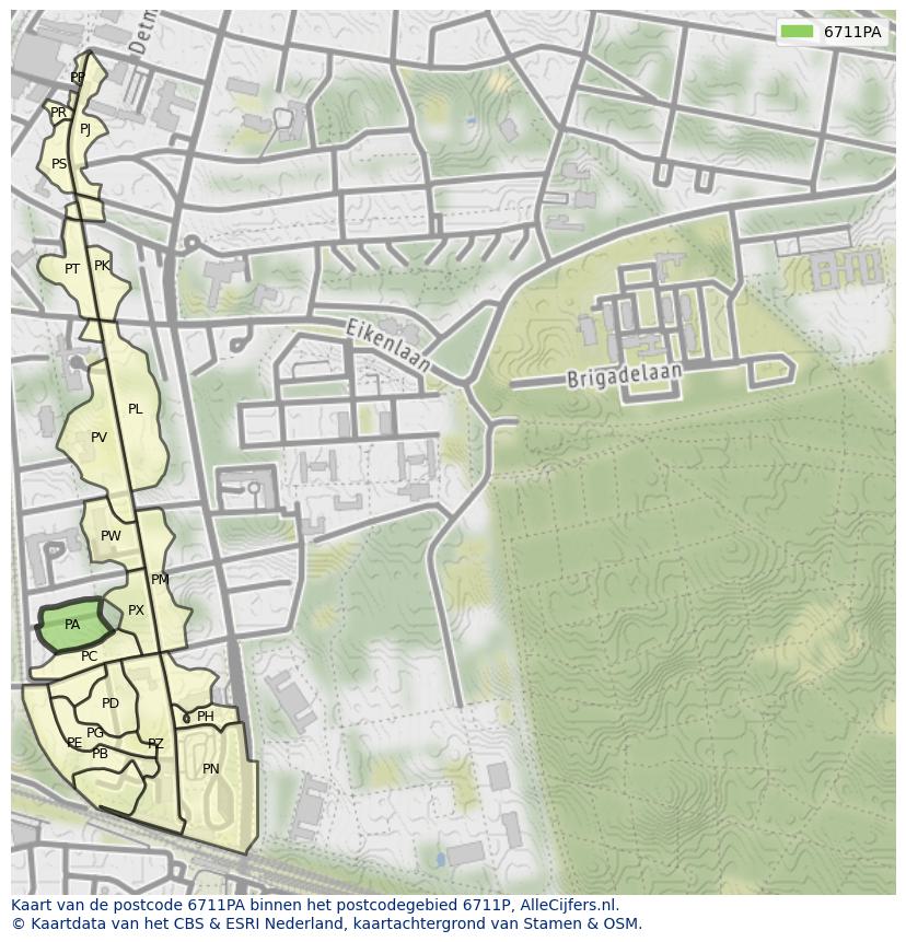 Afbeelding van het postcodegebied 6711 PA op de kaart.