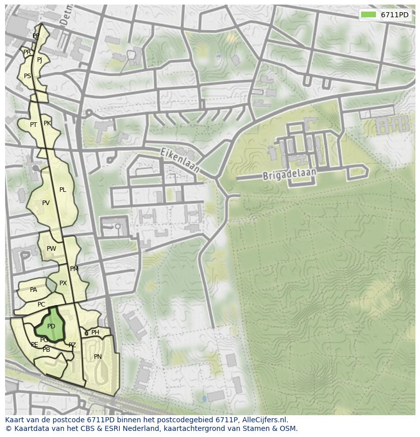 Afbeelding van het postcodegebied 6711 PD op de kaart.