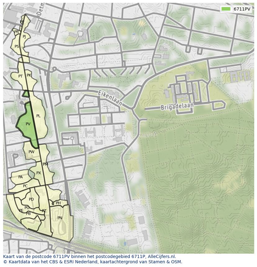 Afbeelding van het postcodegebied 6711 PV op de kaart.