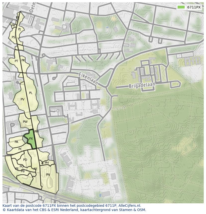 Afbeelding van het postcodegebied 6711 PX op de kaart.