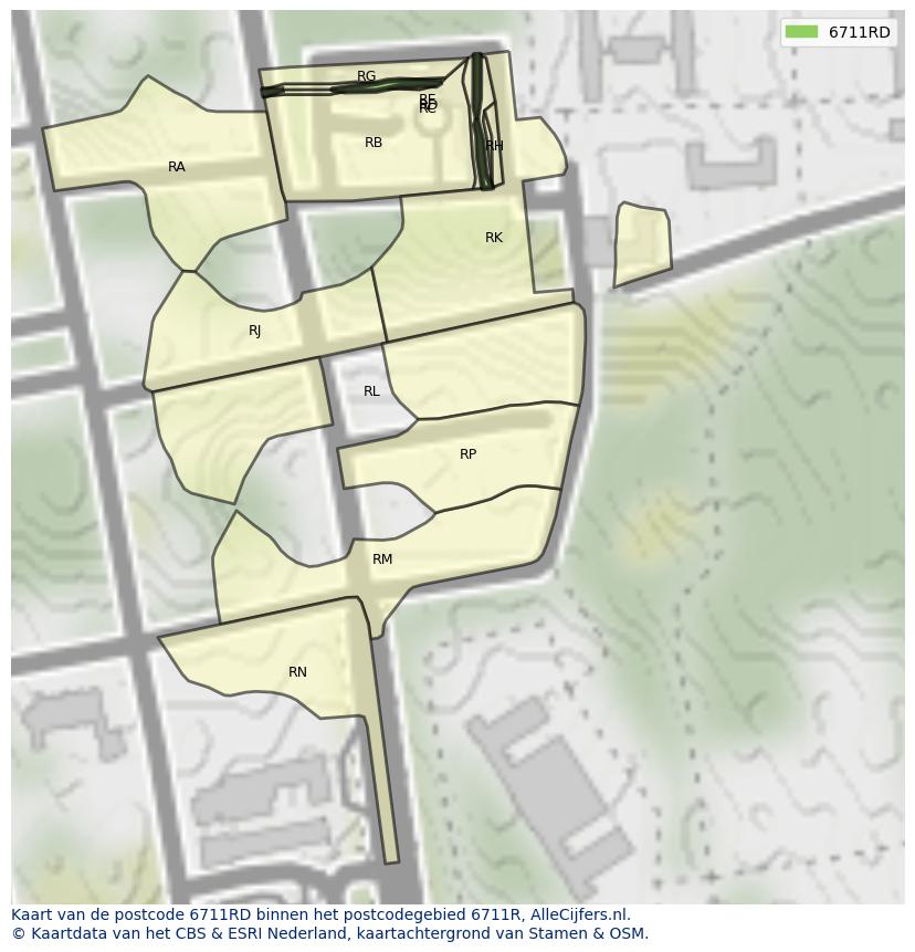 Afbeelding van het postcodegebied 6711 RD op de kaart.
