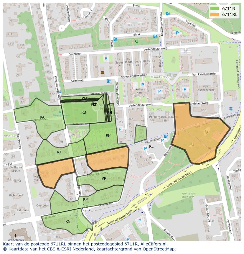 Afbeelding van het postcodegebied 6711 RL op de kaart.