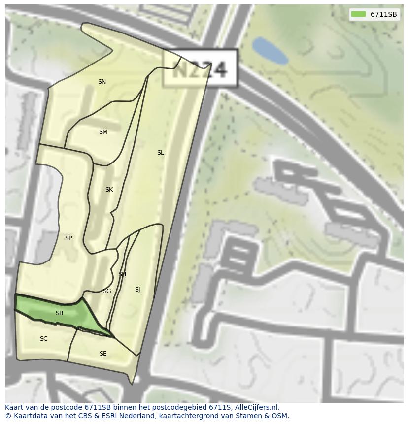 Afbeelding van het postcodegebied 6711 SB op de kaart.