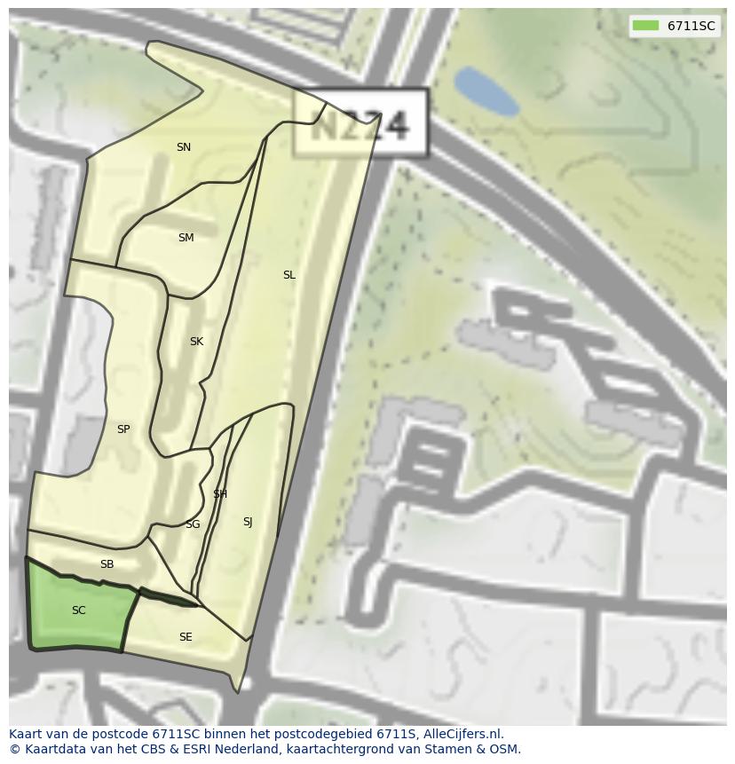 Afbeelding van het postcodegebied 6711 SC op de kaart.