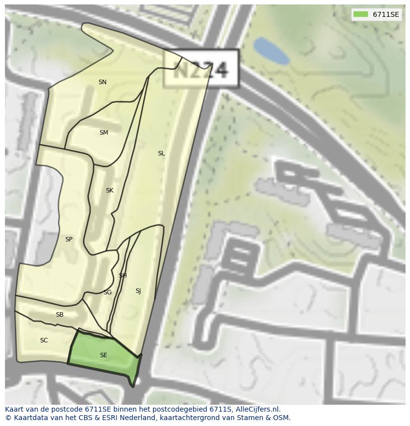 Afbeelding van het postcodegebied 6711 SE op de kaart.