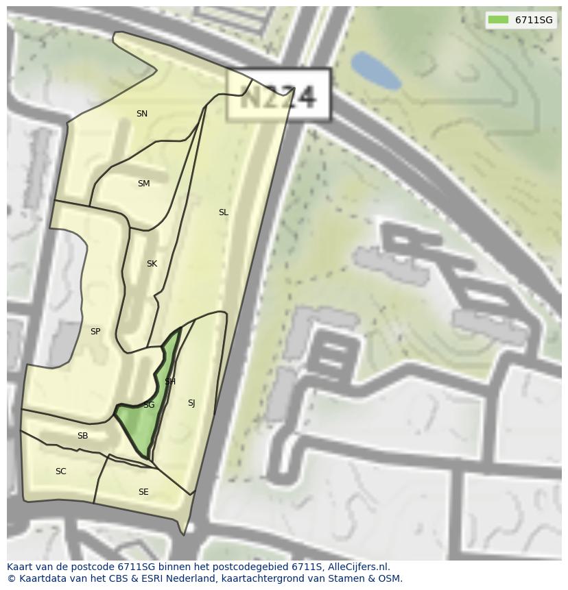 Afbeelding van het postcodegebied 6711 SG op de kaart.