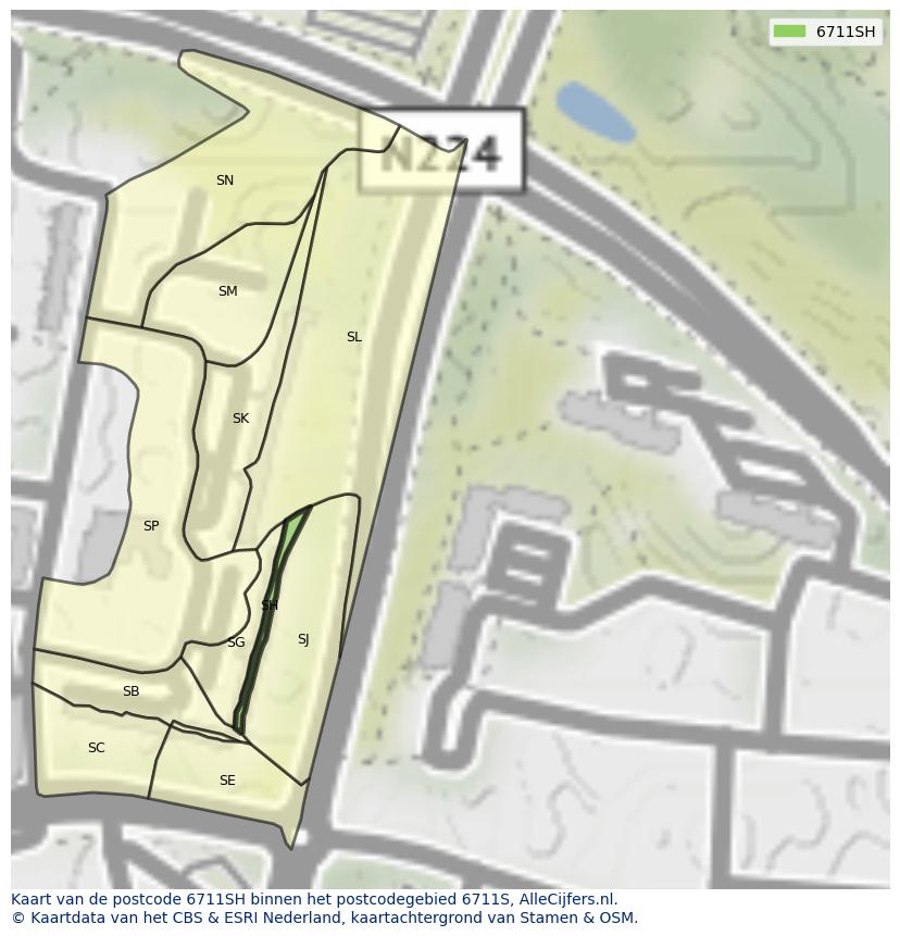 Afbeelding van het postcodegebied 6711 SH op de kaart.
