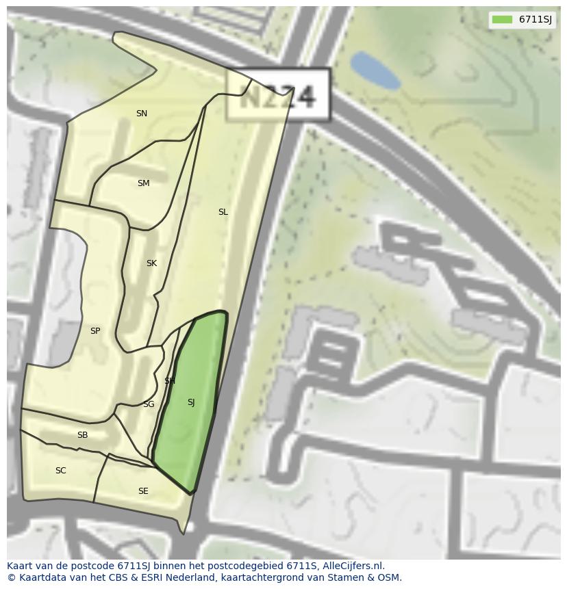 Afbeelding van het postcodegebied 6711 SJ op de kaart.