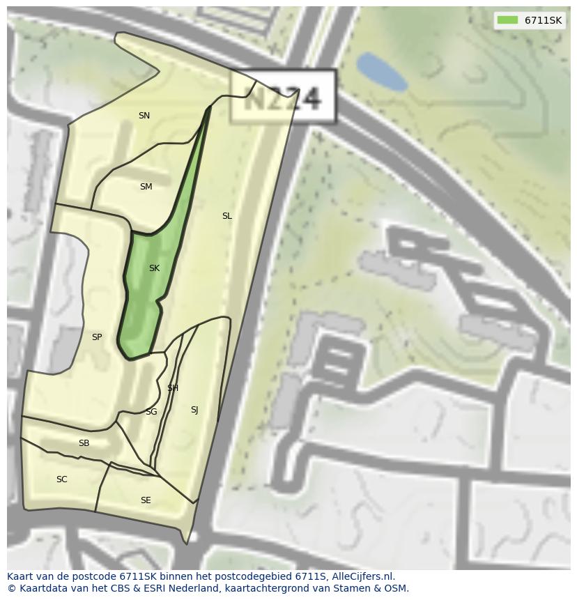 Afbeelding van het postcodegebied 6711 SK op de kaart.