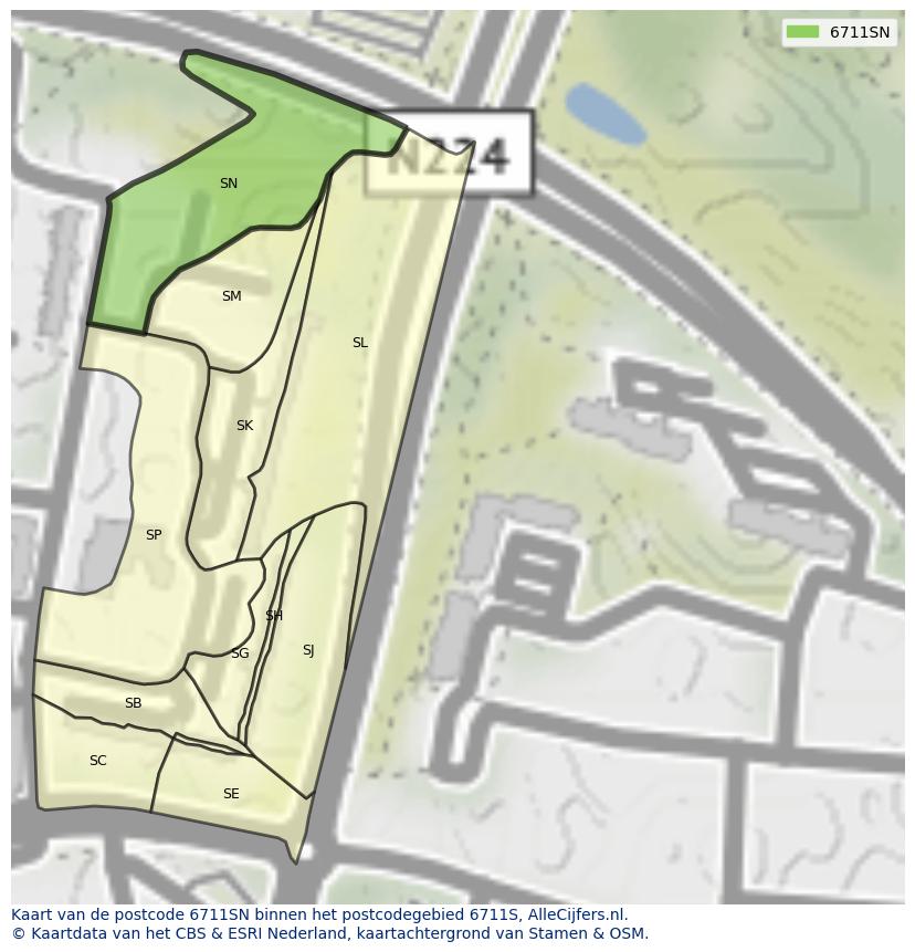 Afbeelding van het postcodegebied 6711 SN op de kaart.