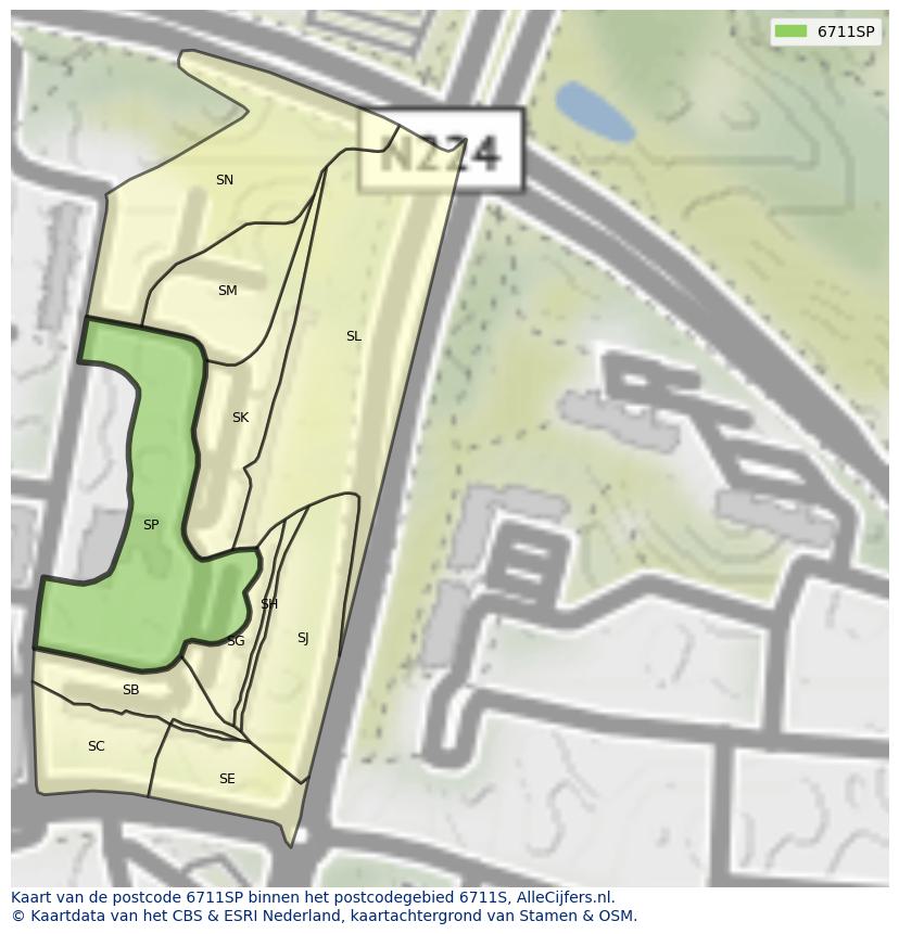 Afbeelding van het postcodegebied 6711 SP op de kaart.