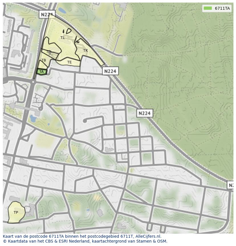 Afbeelding van het postcodegebied 6711 TA op de kaart.