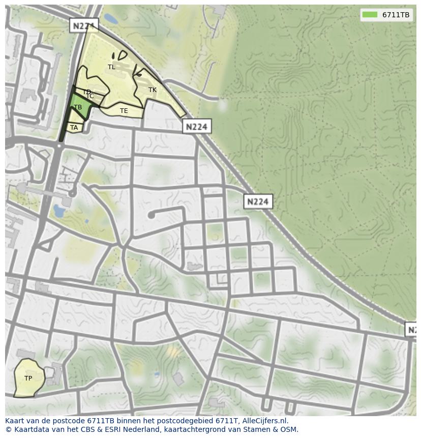 Afbeelding van het postcodegebied 6711 TB op de kaart.