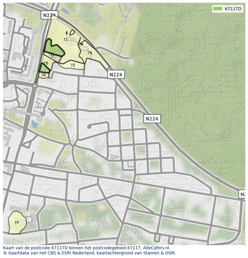 Afbeelding van het postcodegebied 6711 TD op de kaart.