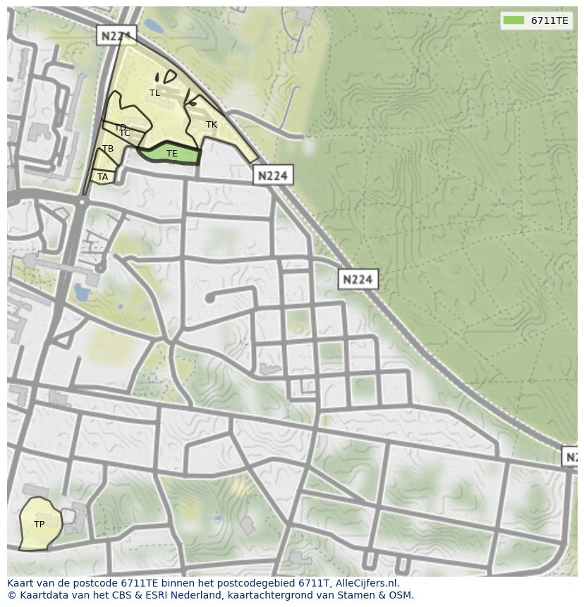 Afbeelding van het postcodegebied 6711 TE op de kaart.