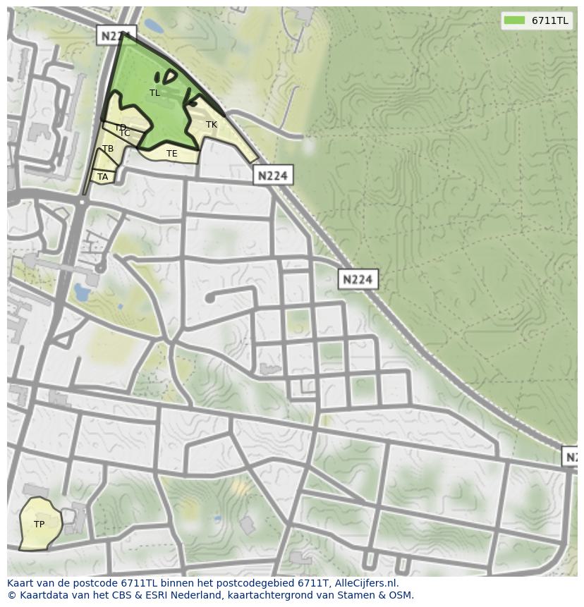 Afbeelding van het postcodegebied 6711 TL op de kaart.