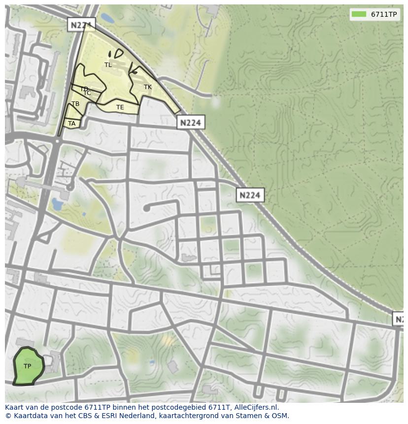 Afbeelding van het postcodegebied 6711 TP op de kaart.
