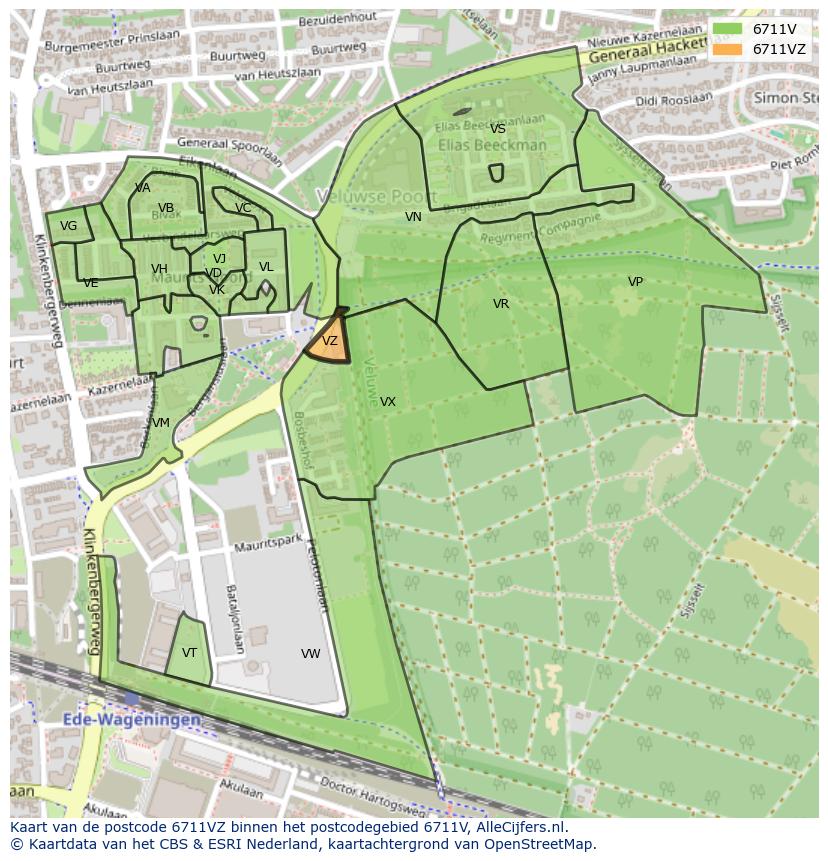Afbeelding van het postcodegebied 6711 VZ op de kaart.