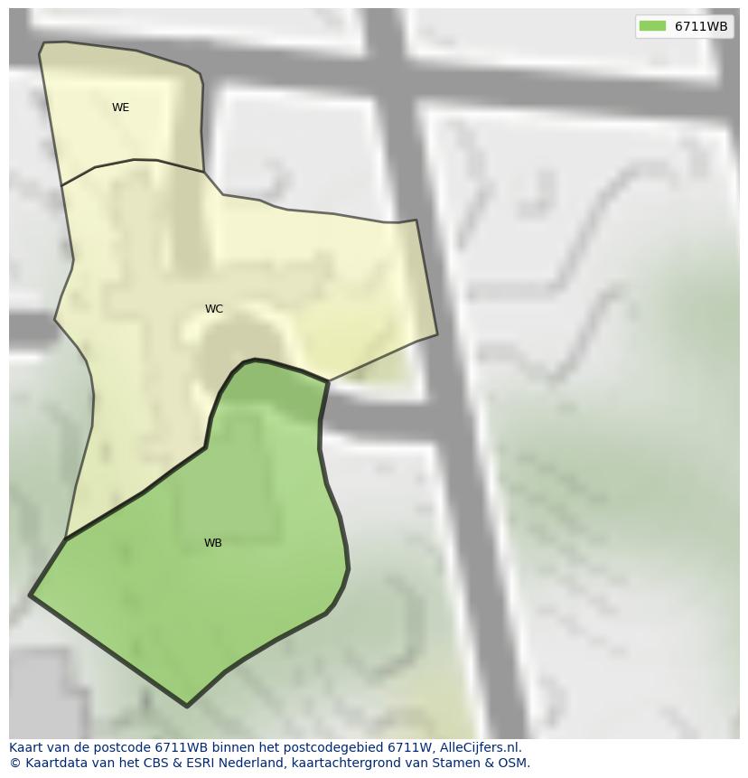 Afbeelding van het postcodegebied 6711 WB op de kaart.