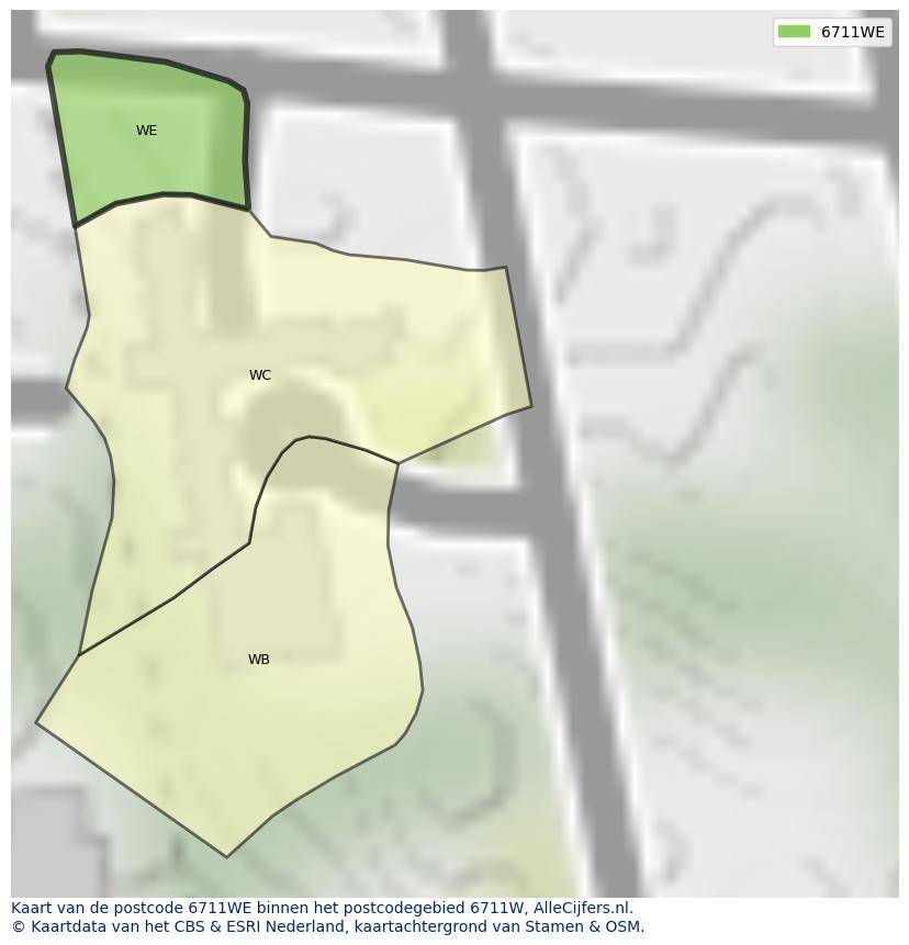 Afbeelding van het postcodegebied 6711 WE op de kaart.
