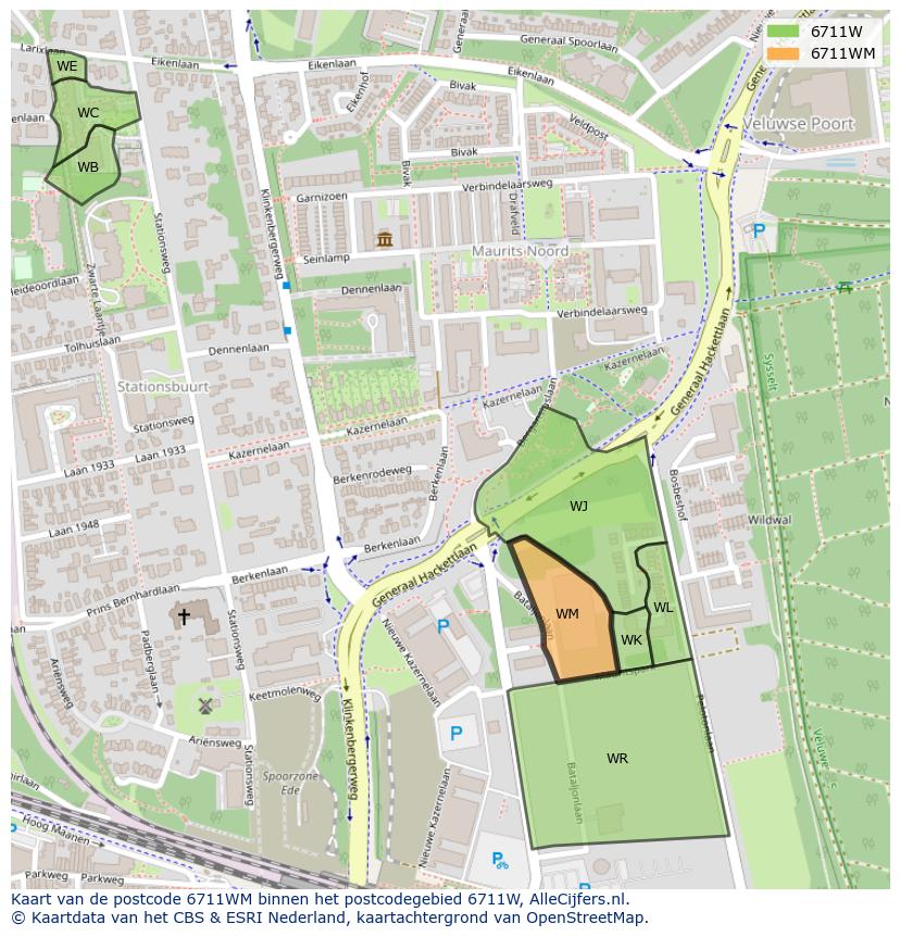 Afbeelding van het postcodegebied 6711 WM op de kaart.