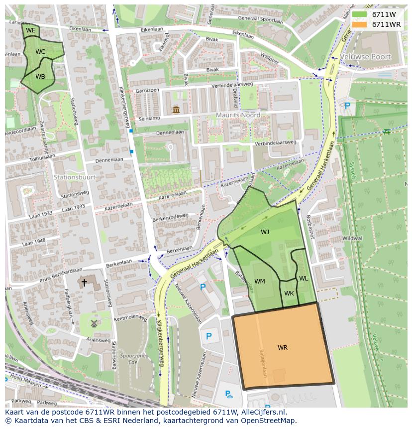 Afbeelding van het postcodegebied 6711 WR op de kaart.