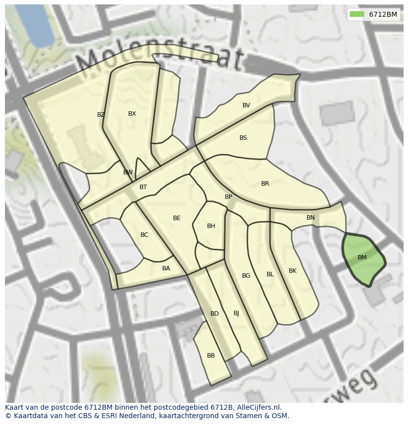 Afbeelding van het postcodegebied 6712 BM op de kaart.