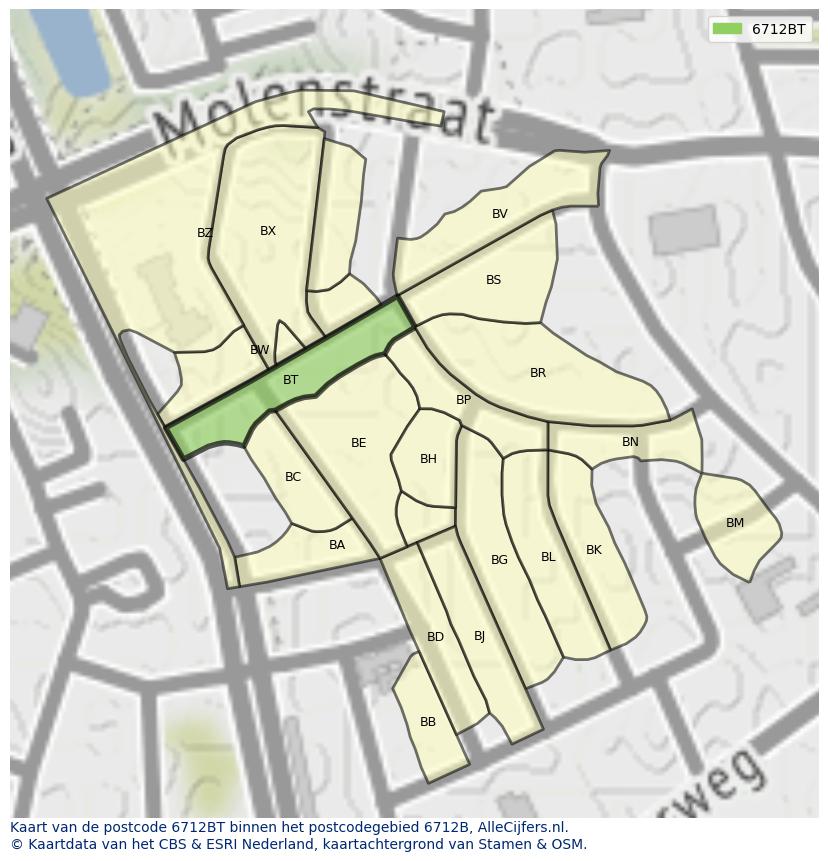 Afbeelding van het postcodegebied 6712 BT op de kaart.