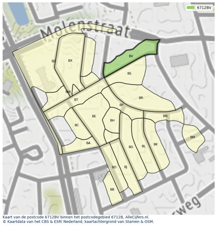 Afbeelding van het postcodegebied 6712 BV op de kaart.