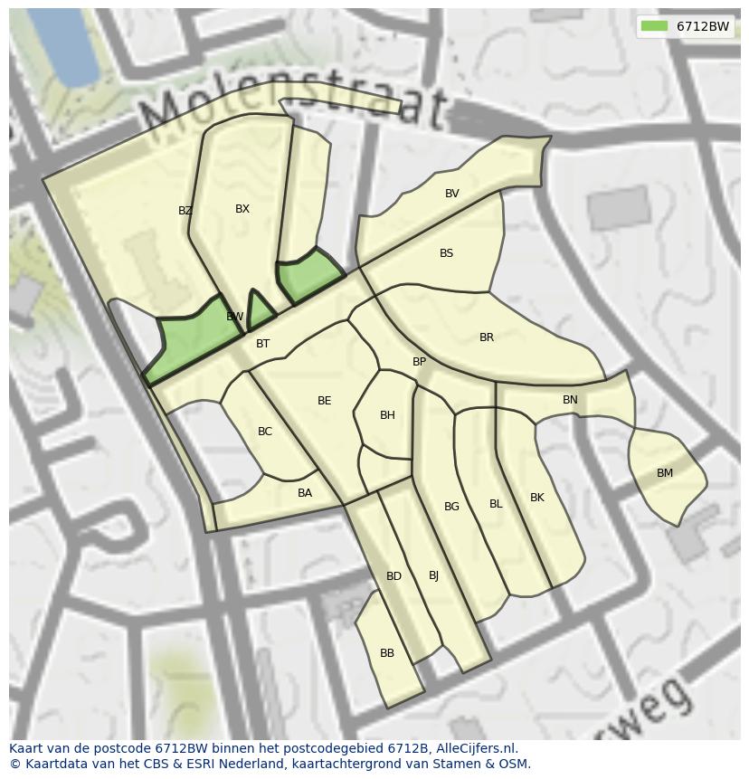 Afbeelding van het postcodegebied 6712 BW op de kaart.