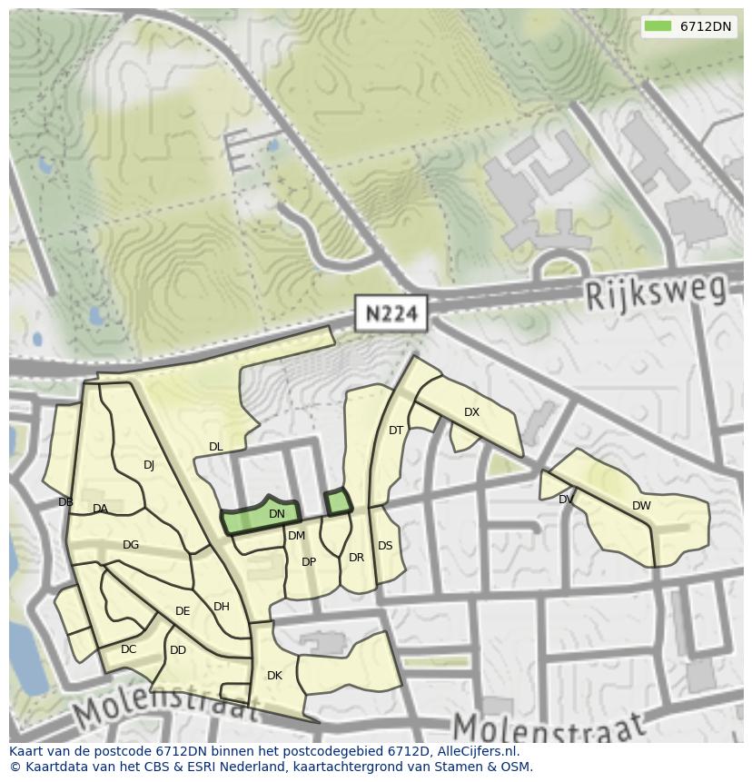 Afbeelding van het postcodegebied 6712 DN op de kaart.