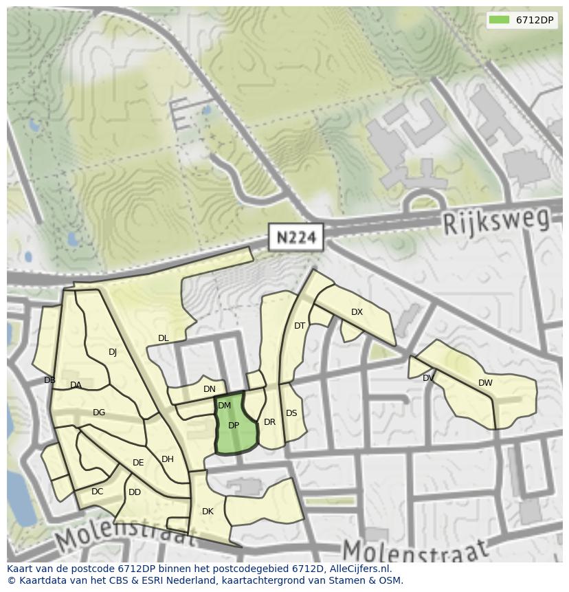 Afbeelding van het postcodegebied 6712 DP op de kaart.
