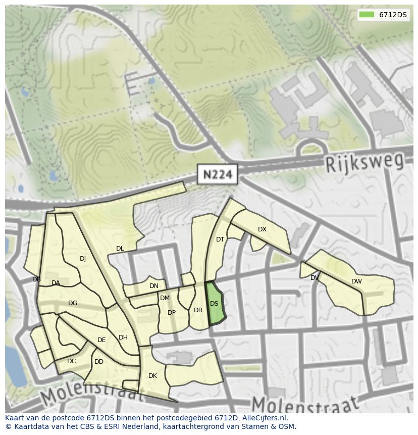 Afbeelding van het postcodegebied 6712 DS op de kaart.