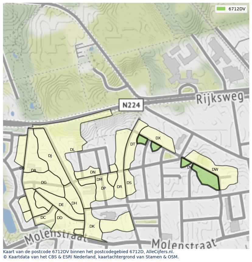Afbeelding van het postcodegebied 6712 DV op de kaart.