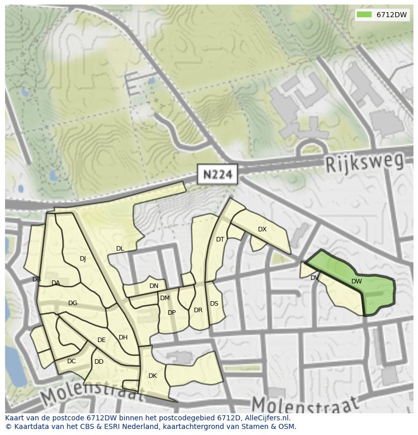 Afbeelding van het postcodegebied 6712 DW op de kaart.